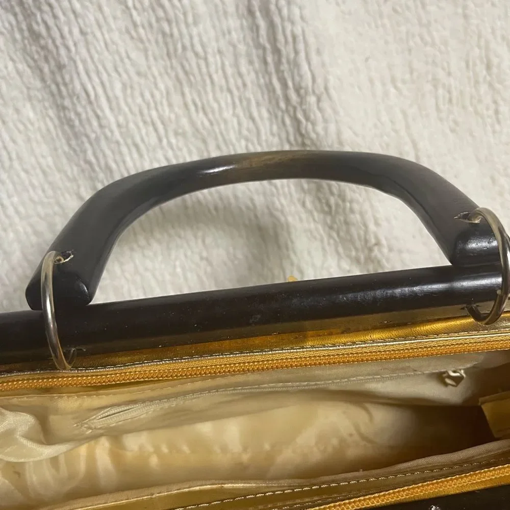 Gold Sequins with wooden black handles and frame handbag.